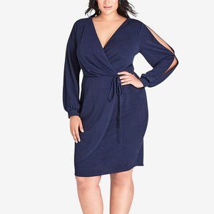 City Chic Womens Plus Navy Split Long Sleeve Faux Wrap V-Neck Dress